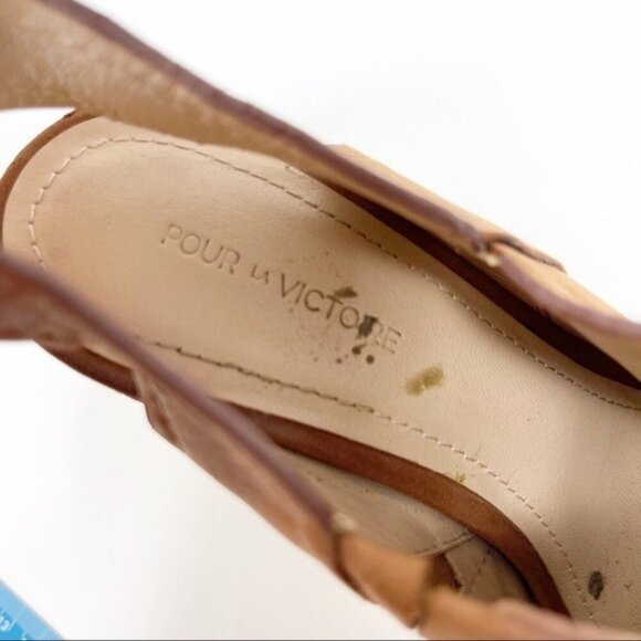 Pour La Victoire Suede Tan Brown 4" Wood Block Heel Peep Toe Mule Ankle Strap 6 - Picture 10 of 12